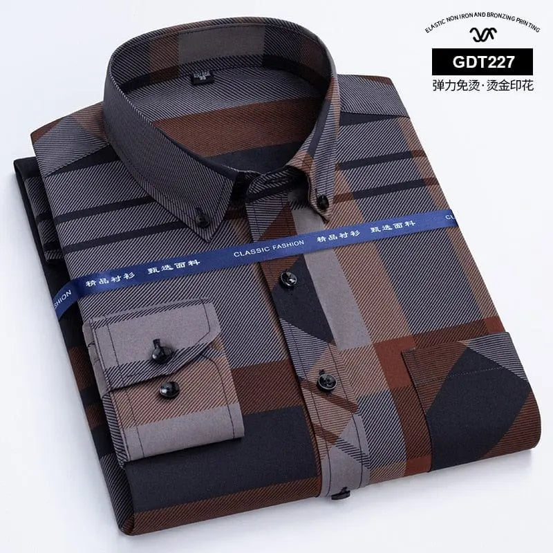 Showlu men's slim fit long sleeve plaid shirt featuring a non-iron, smart casual design in gold plaid pattern, suitable for business or casual wear.