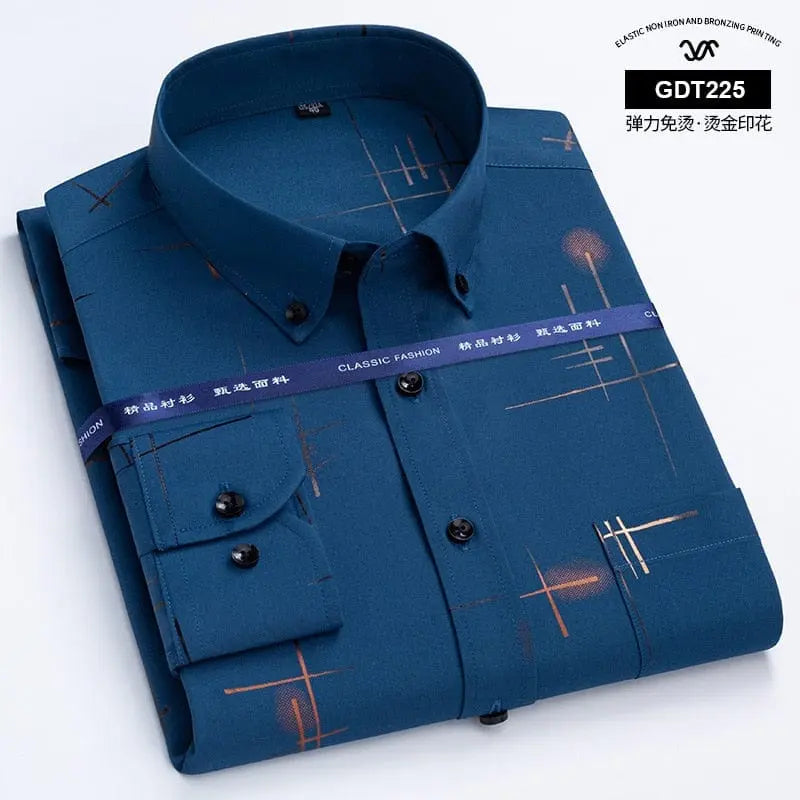 Showlu men's slim fit long sleeve plaid shirt in gold plaid, non-iron fabric, casual and business smart style for spring and autumn.