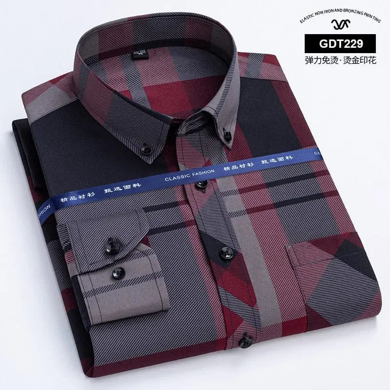 Showlu men's slim fit long sleeve plaid shirt with non-iron fabric, suitable for smart casual and business casual wear.