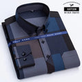 Showlu men's slim fit plaid long sleeve shirt with non-iron fabric, casual smart style, featuring gold-plated details.