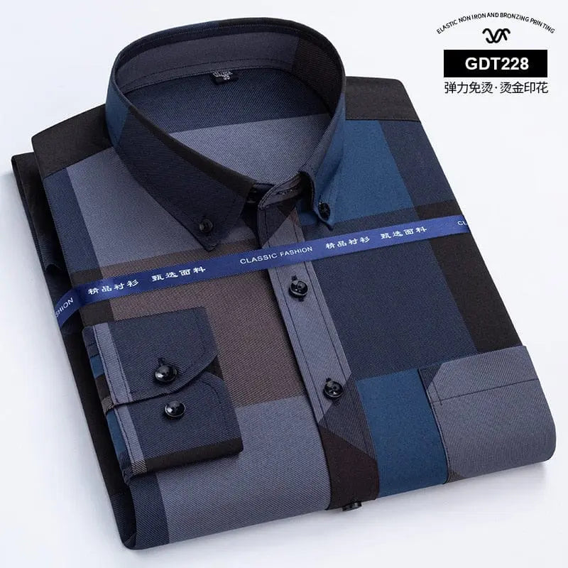 Showlu men's slim fit plaid long sleeve shirt with non-iron fabric, casual smart style, featuring gold-plated details.
