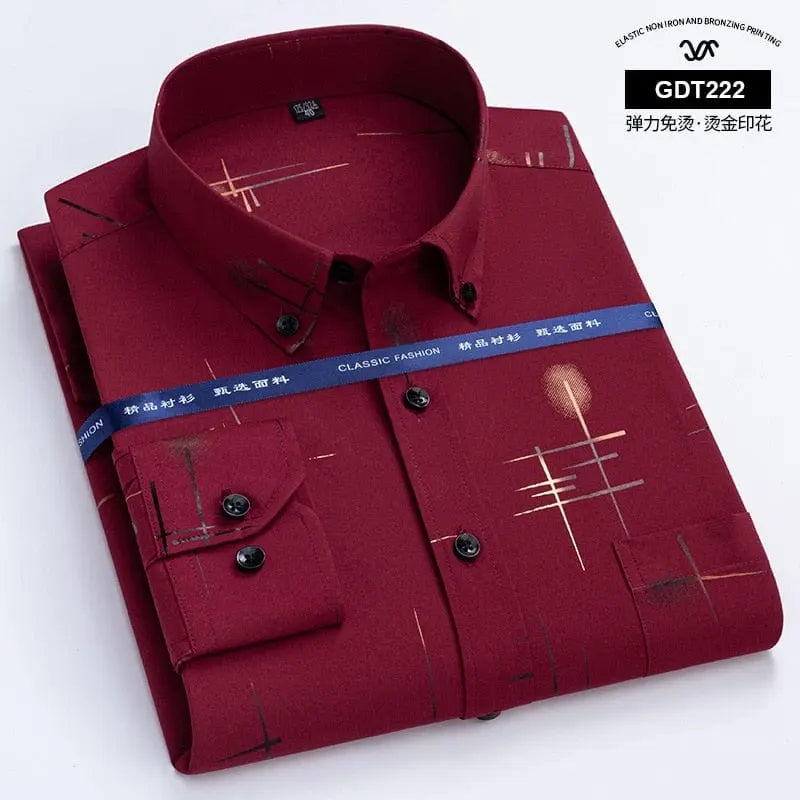 Showlu men's slim fit long sleeve plaid shirt in gold plaid pattern, non-iron, suitable for smart casual or business attire.