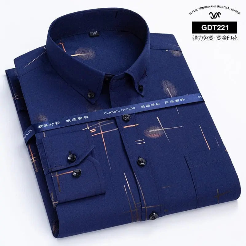 Showlu Men's slim fit long sleeve plaid shirt with non-iron fabric, suitable for smart casual and business attire.