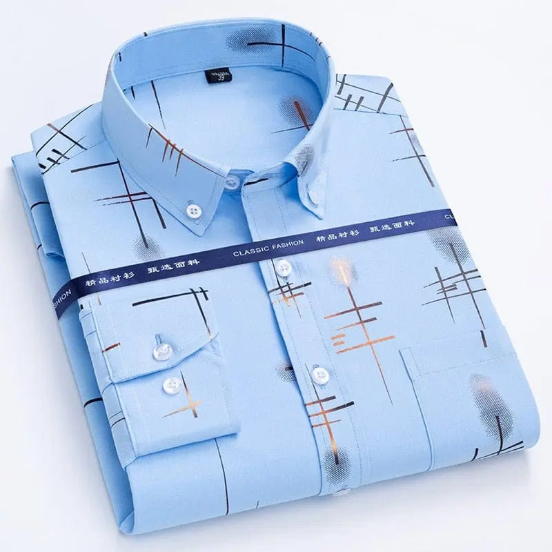 Showlu men's slim fit long sleeve plaid shirt with non-iron fabric, smart casual style, gold-plated details, suitable for spring and autumn.
