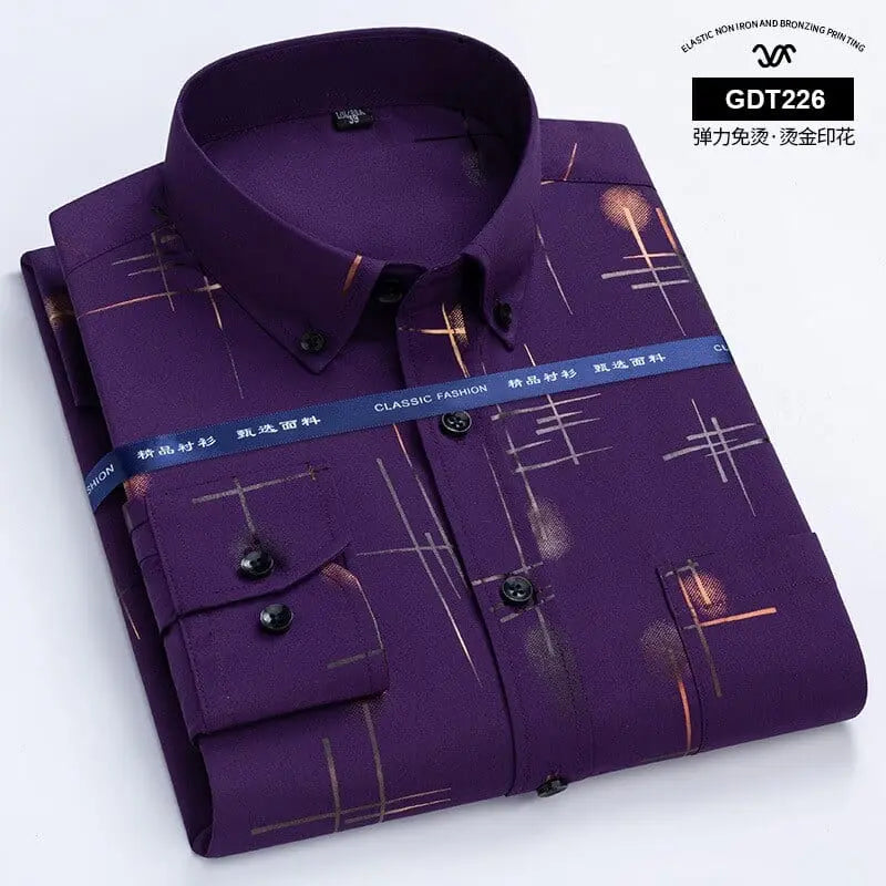 Showlu men's slim fit long sleeve plaid shirt with non-iron fabric, suitable for smart casual and business style.