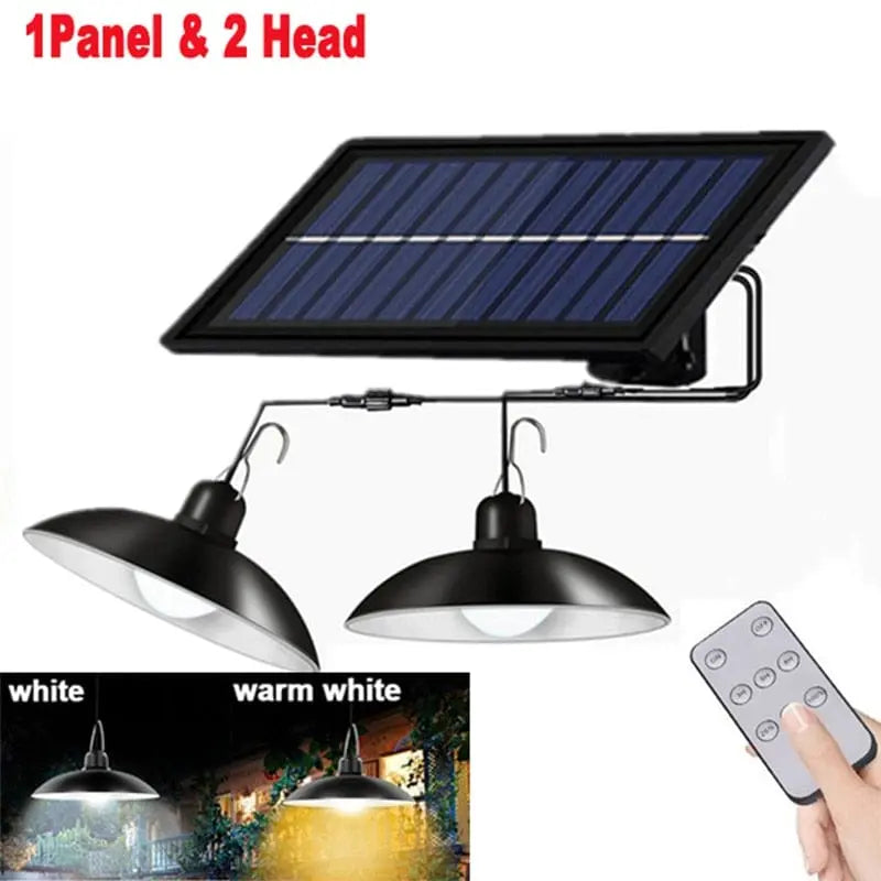 Showlu Fashion Solar Pendant Light with double-head LED design, waterproof IP65 outdoor chandelier with remote control for indoor or outdoor use.