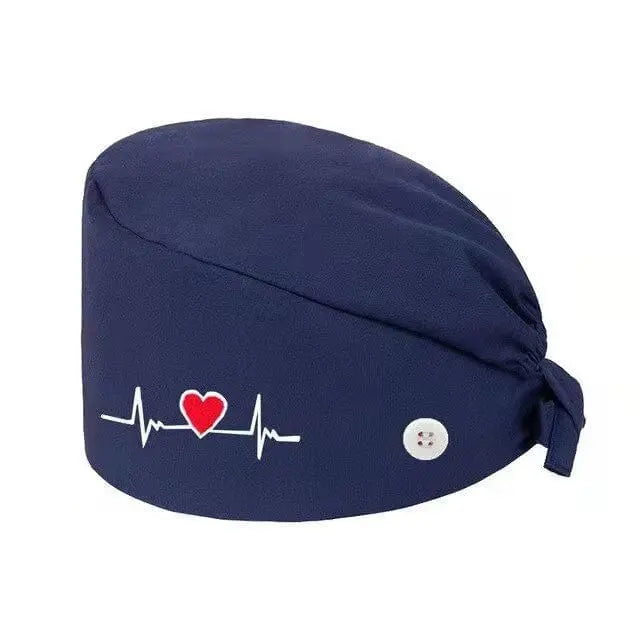 Showlu satin surgical scrub cap with embroidered design, ideal for nurses and doctors with long or short hair.