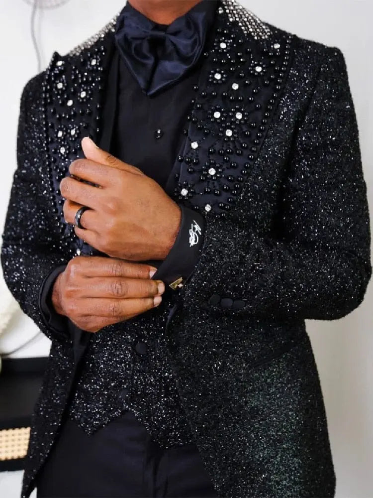 Men's tailored 3-piece suit by Showlu Fashion Store featuring a one-button peaked lapel blazer, vest, and matching pants.