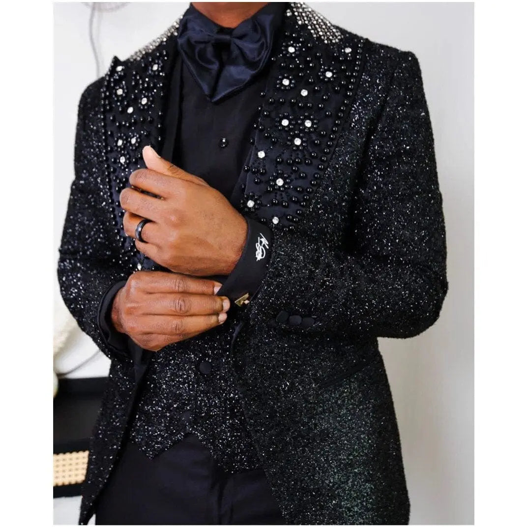 Men's 3-piece tailored suit with single-button peaked lapel, blazer, vest, and pants, featuring pearl and beaded details, by Showlu Fashion.