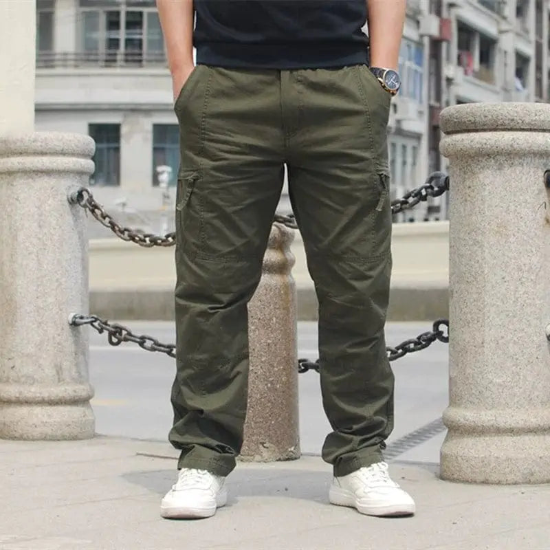 Men's cotton outdoor casual pants with multiple pockets and elastic waist from Showlu Fashion, ideal for spring outdoor activities.