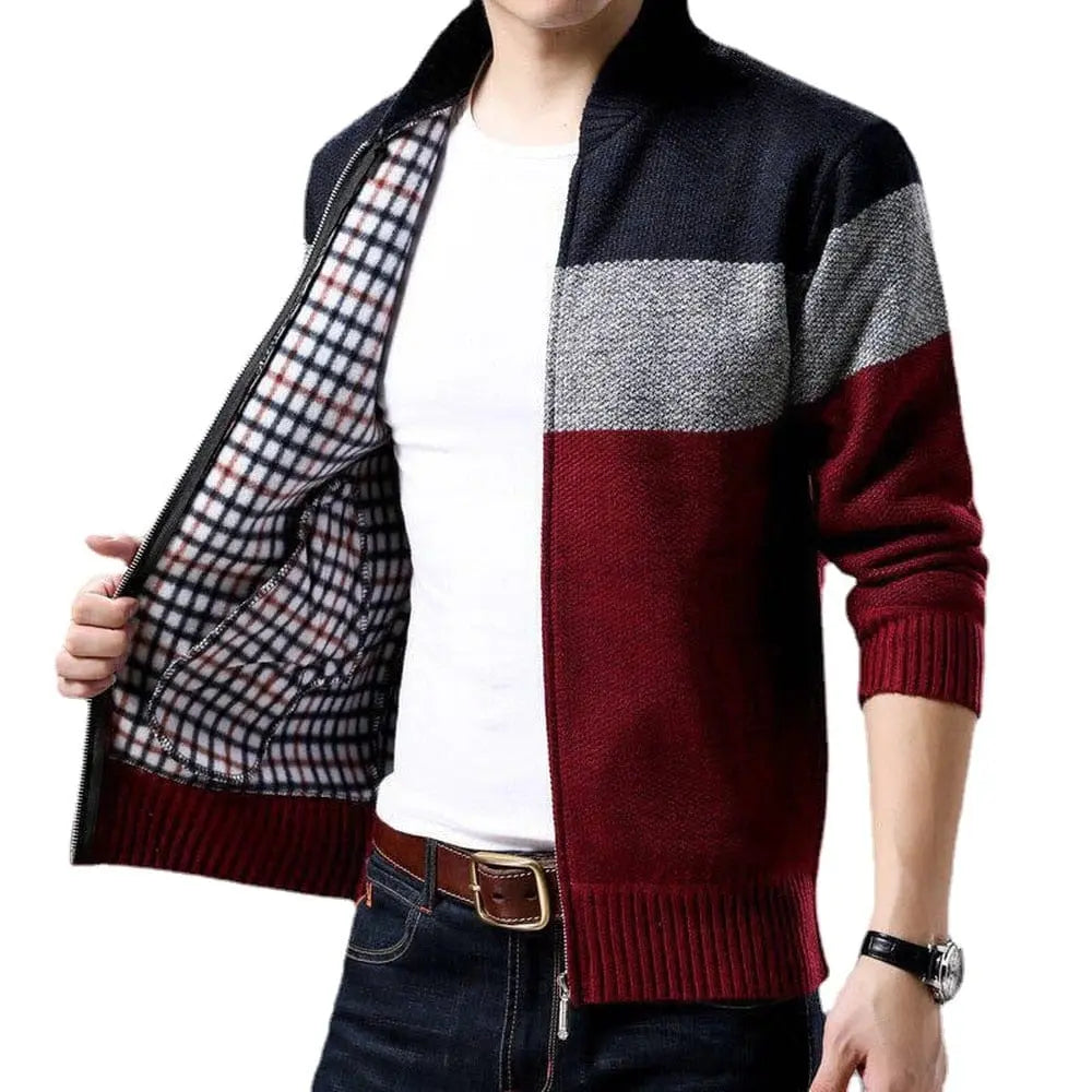 King Billion men's wool blend cardigan with colorblock knit, stand collar, single-breasted design, perfect for spring and winter.