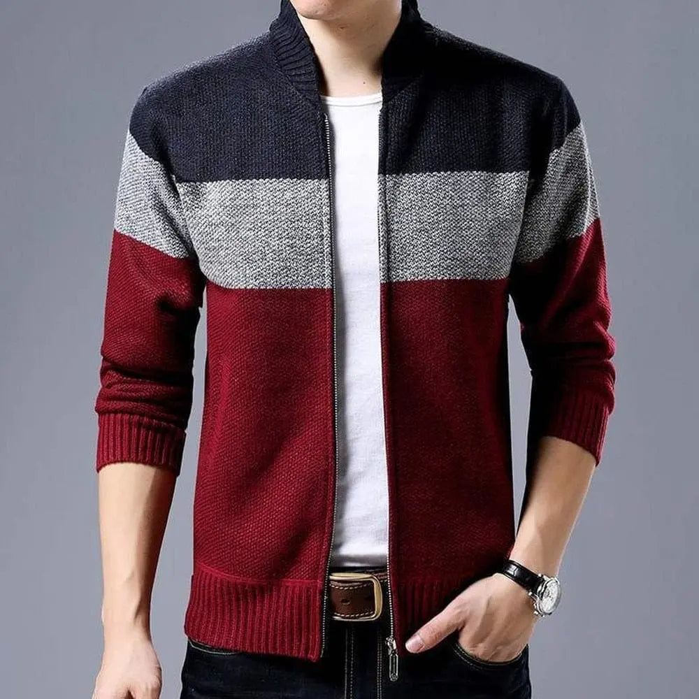 King Billion men's wool blend cardigan with colorblock knit, stand collar, single-breasted design, ideal for spring and winter wear.