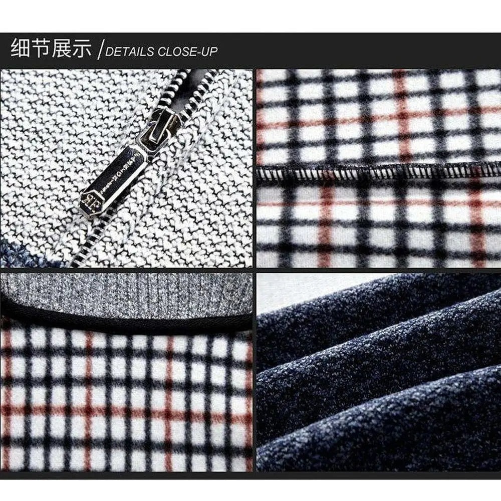 Men's wool blend colorblock cardigan with stand collar, featuring a single-breasted knit design and stylish stitching.