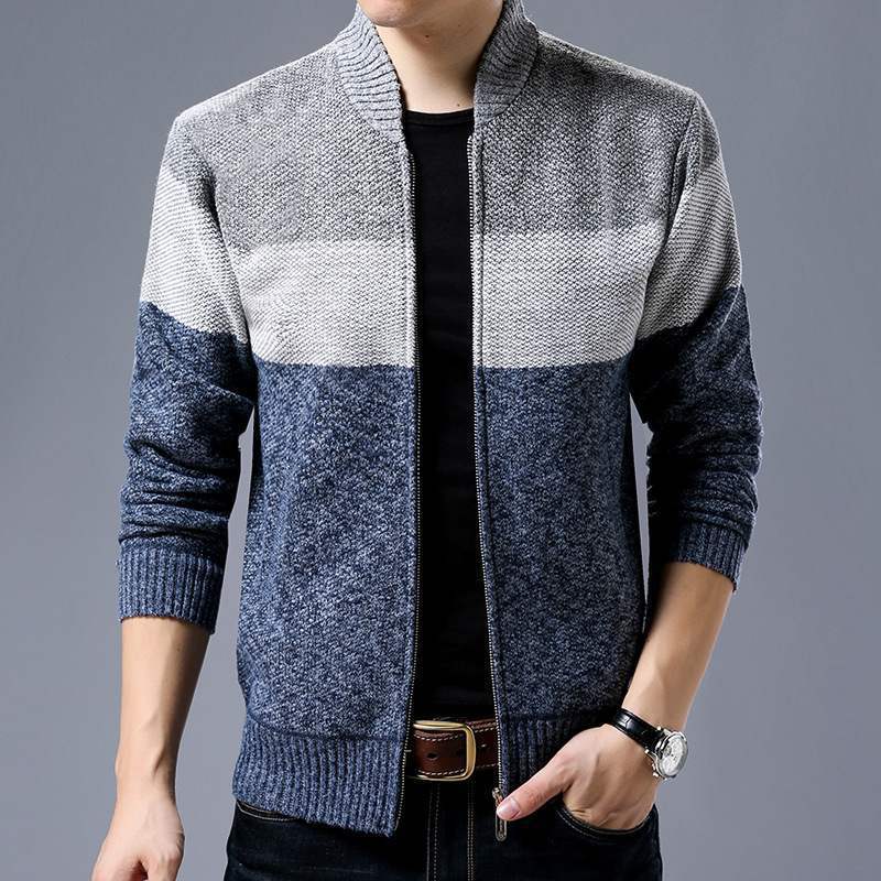 Men's wool blend cardigan by Showlu Fashion with colorblock knit, stand collar, single-breasted design, perfect for spring and winter wear.