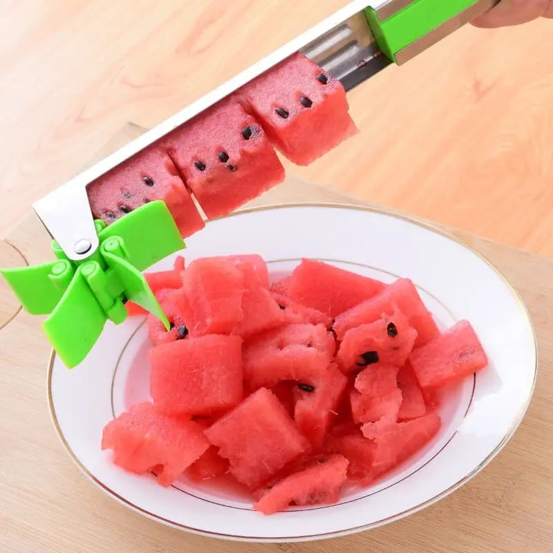 Showlu stainless steel watermelon slicer with windmill shape design, kitchen fruit cutter and salad slicer tool.