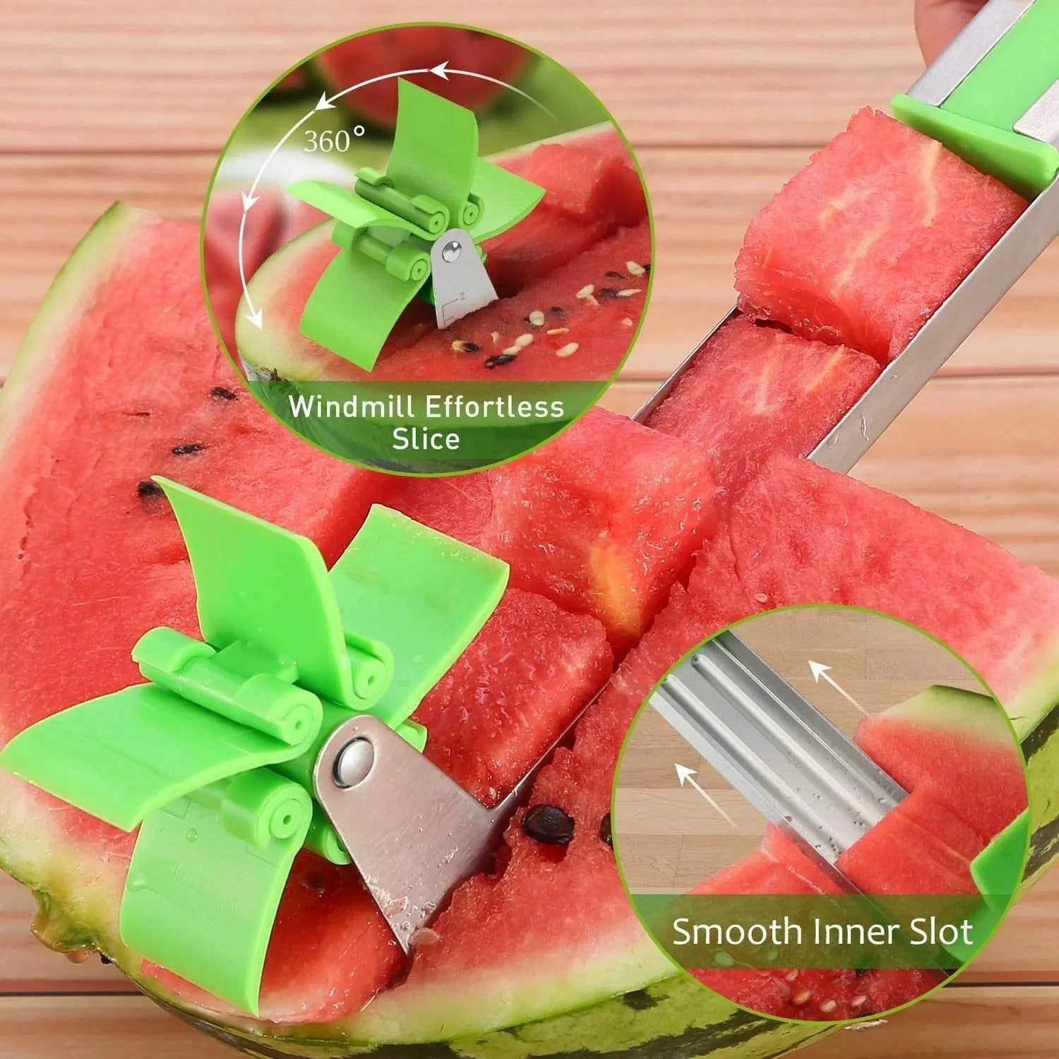 Showlu stainless steel watermelon slicer with windmill shape design for easy cutting and serving fresh fruit.