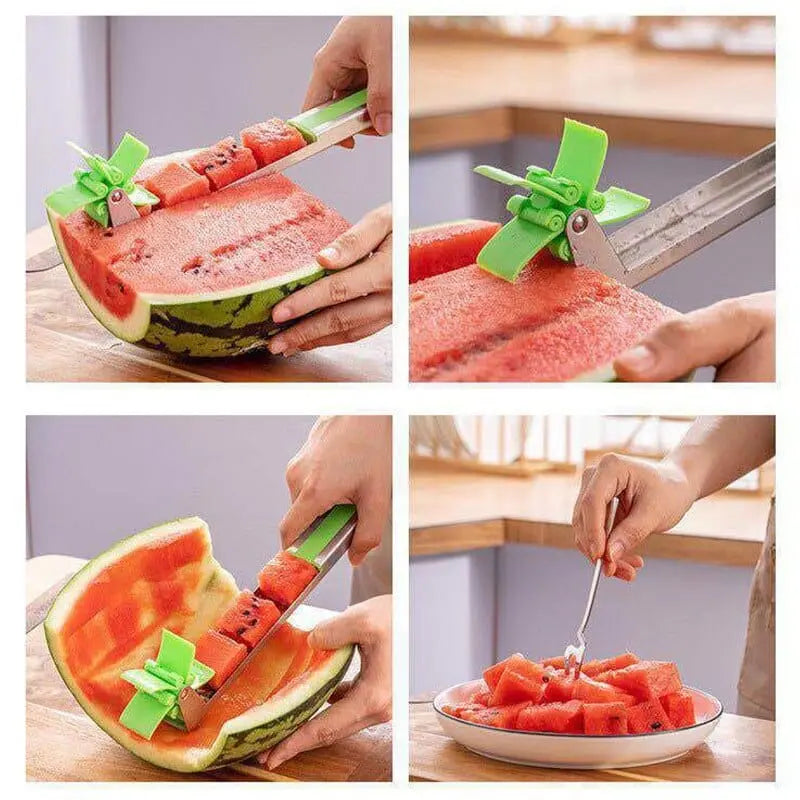 Showlu stainless steel watermelon slicer with windmill shape design, kitchen fruit cutter and salad slicer tool.