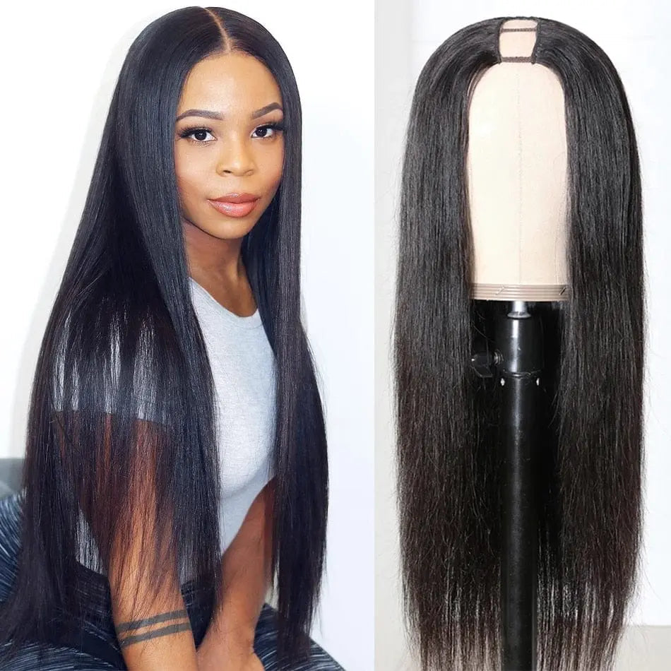 Showlu Store Brazilian straight human hair U part wig with 180% density, glueless middle U shape, natural finish for women.