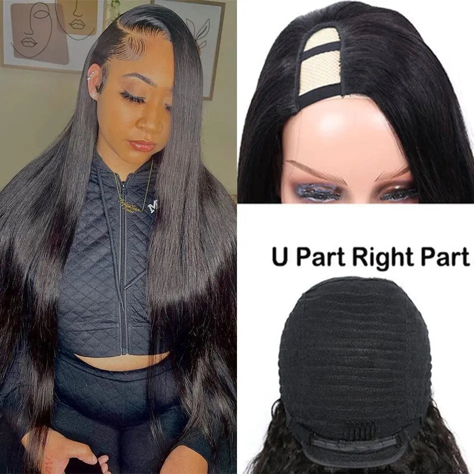 Showlu Store Brazilian straight U-part wig with 180% density, natural human hair, glueless design, middle part, for women.