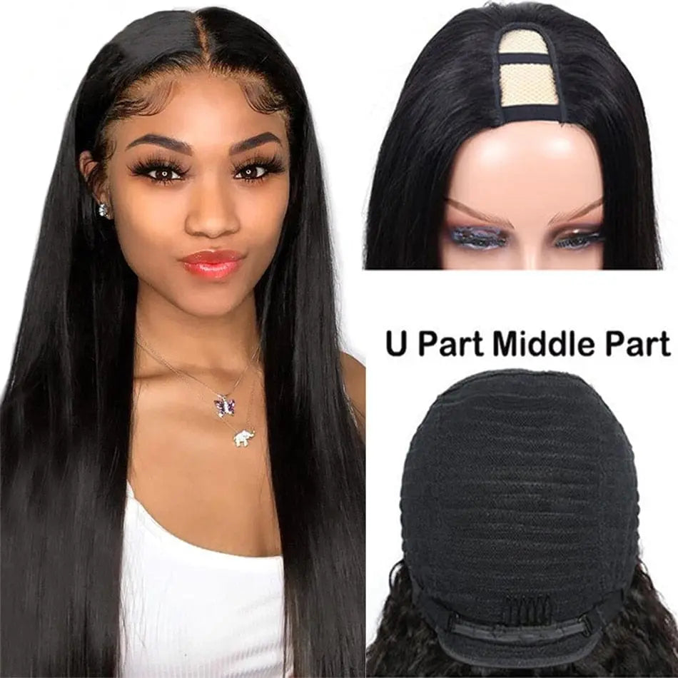 Showlu Store Brazilian straight U part wig with 180% density, virgin human hair, glueless middle U shape, ideal for women.