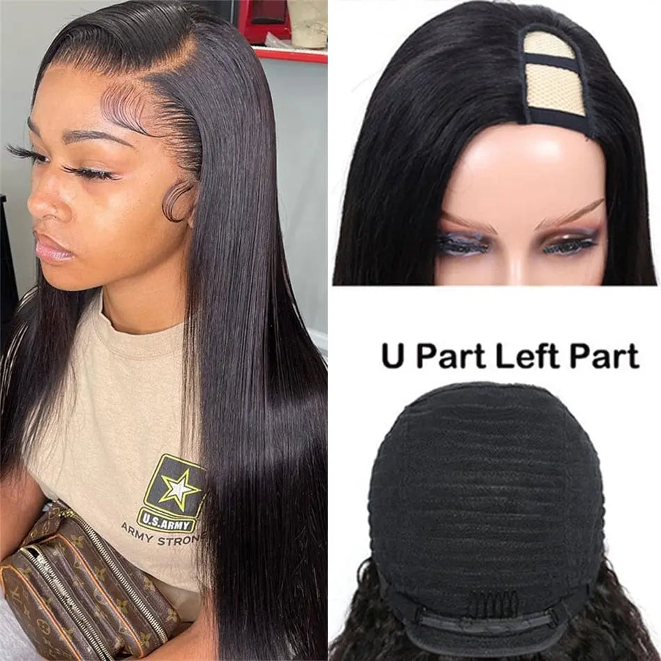 Showlu Store Brazilian straight U part wig with 180% density, natural human hair, glueless, middle U shape for women.