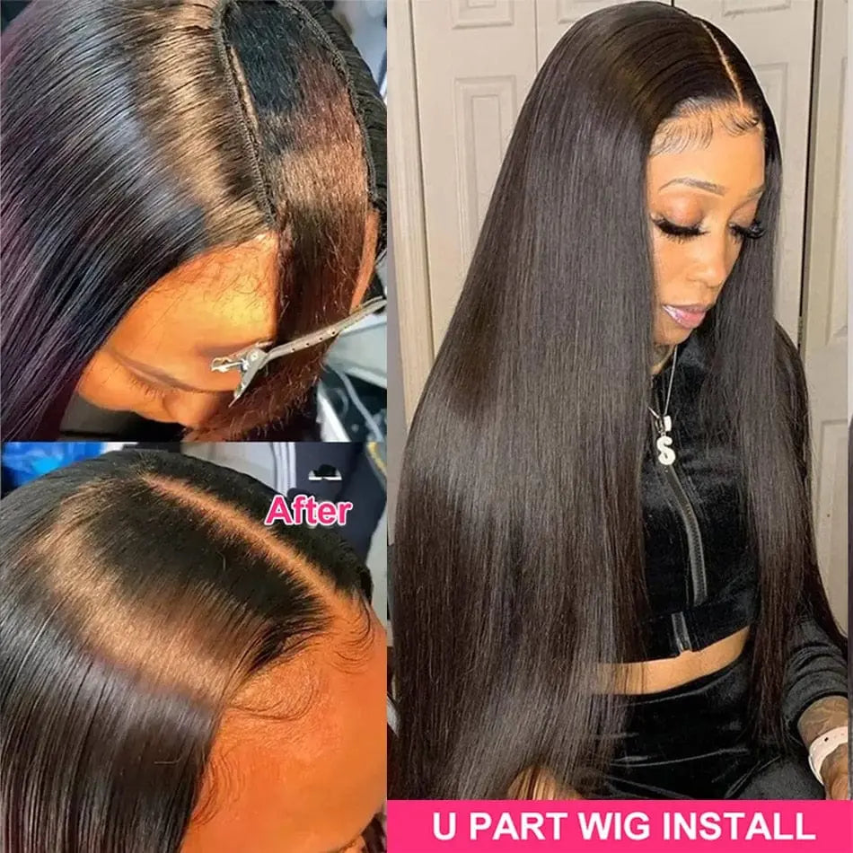 Showlu Store Brazilian straight U part wig with 180% density, virgin human hair, glueless middle U shape, natural look for women.