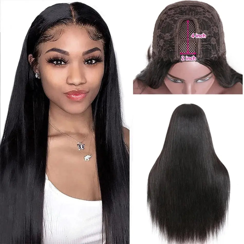Showlu Store Brazilian straight U-part wig with 180% density, natural human hair, glueless design, middle U-shape for women.