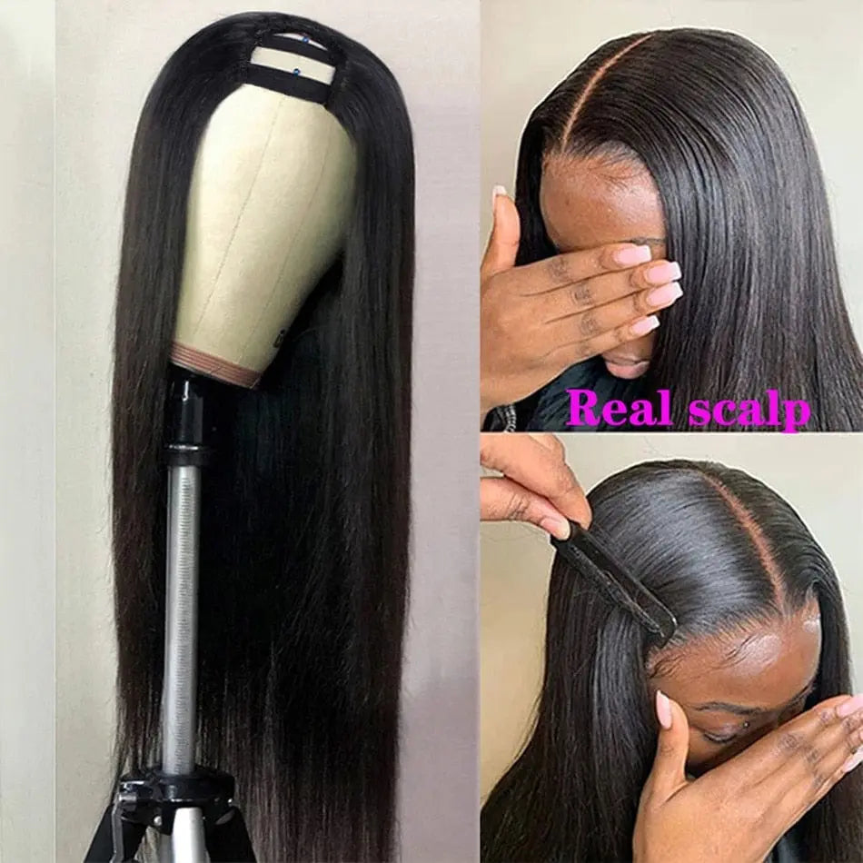 Showlu Store Brazilian straight human hair U-part wig with 180% density, glueless, middle U-shape, for women, natural look