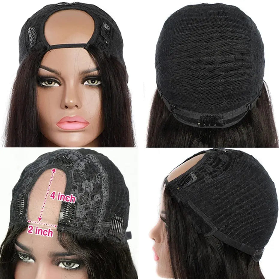 Showlu Store Brazilian straight human hair U part wig with 180% density, glueless middle U shape, virgin hair for women.