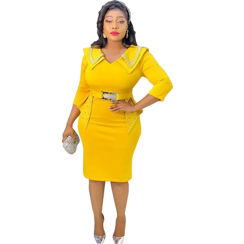 African bodycon dress by Showlu Store with luxury beading, V-neck design, high waist, and slit, perfect for summer occasions.