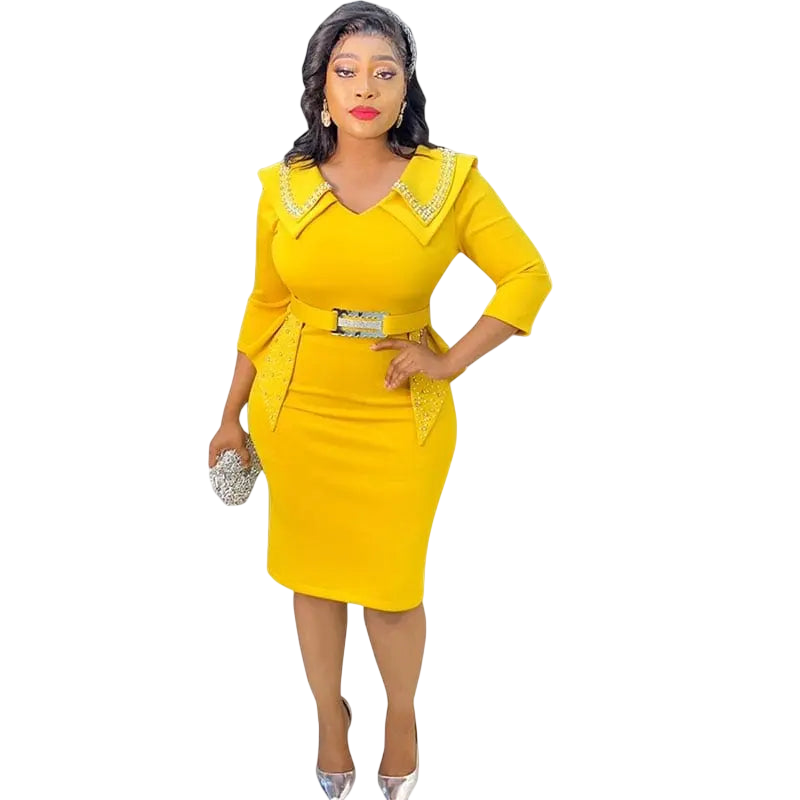 African bodycon dress by Showlu Store with luxury beading, V-neck design, high waist, and slit for a stylish summer look.