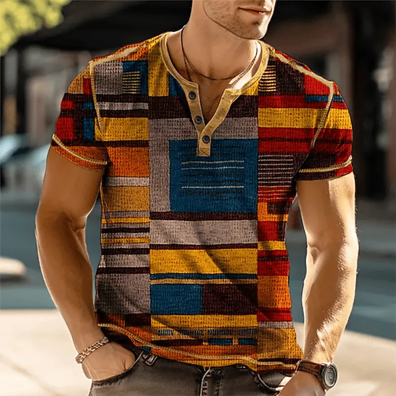 Showlu men's vintage color block Henley shirt with 3D print, short sleeves, casual button-down style, patchwork design.