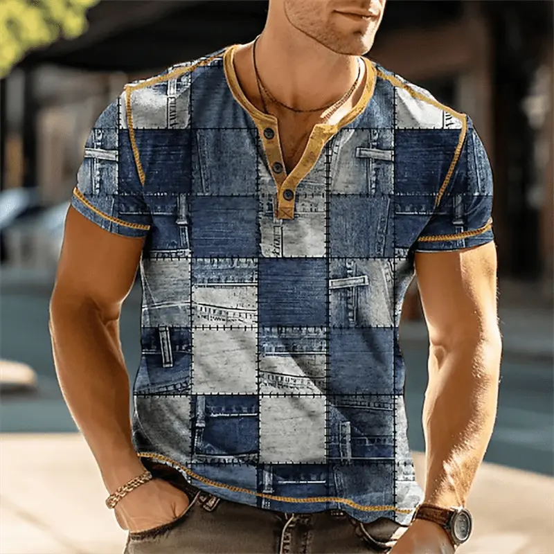 Showlu men's vintage color block Henley shirt with 3D print, short sleeves, casual button-down design, patchwork style.