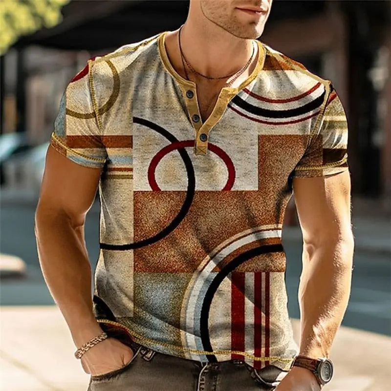 Men's vintage color block Henley shirt with 3D print, short sleeves, casual button-down design, featuring patchwork in summer colors.