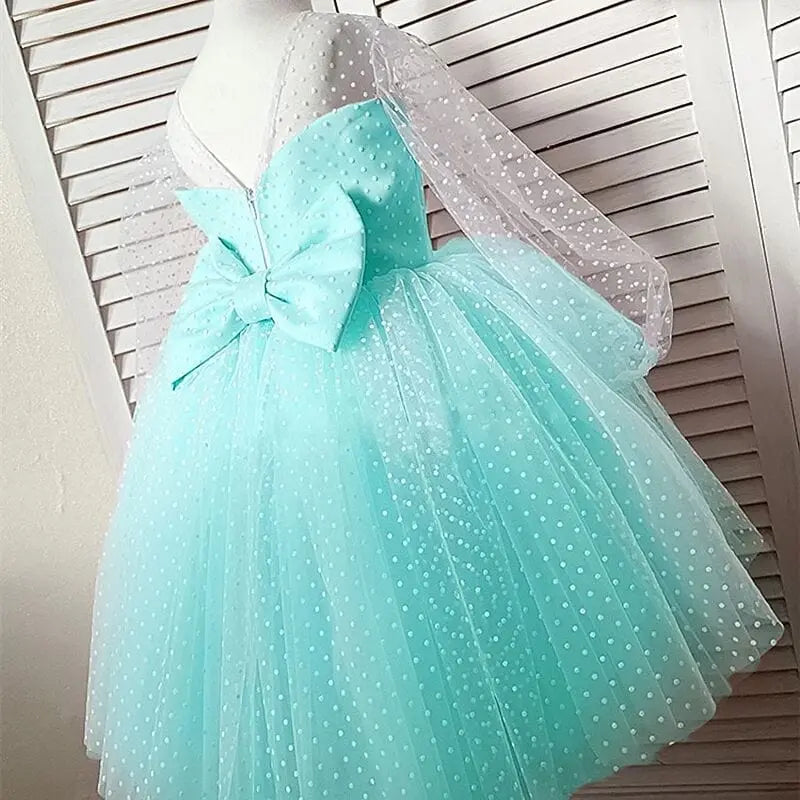 Showlu Fashion Store girls polka dot princess dress with lace tutu, perfect for summer parties and weddings, featuring floral accents.
