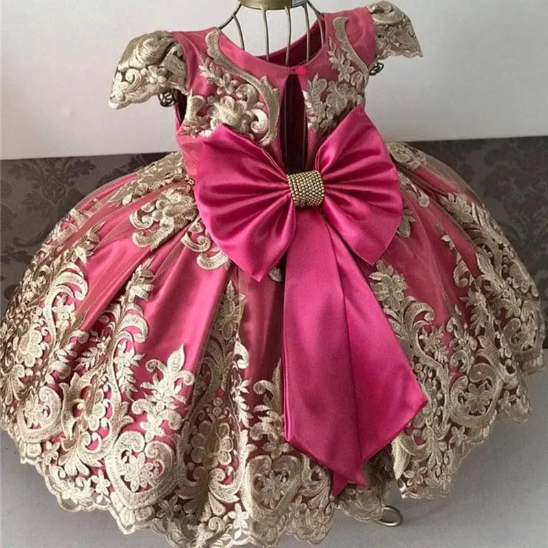 Showlu Fashion Girls polka dot princess dress, summer lace tutu gown with floral accents, perfect for birthdays and weddings.