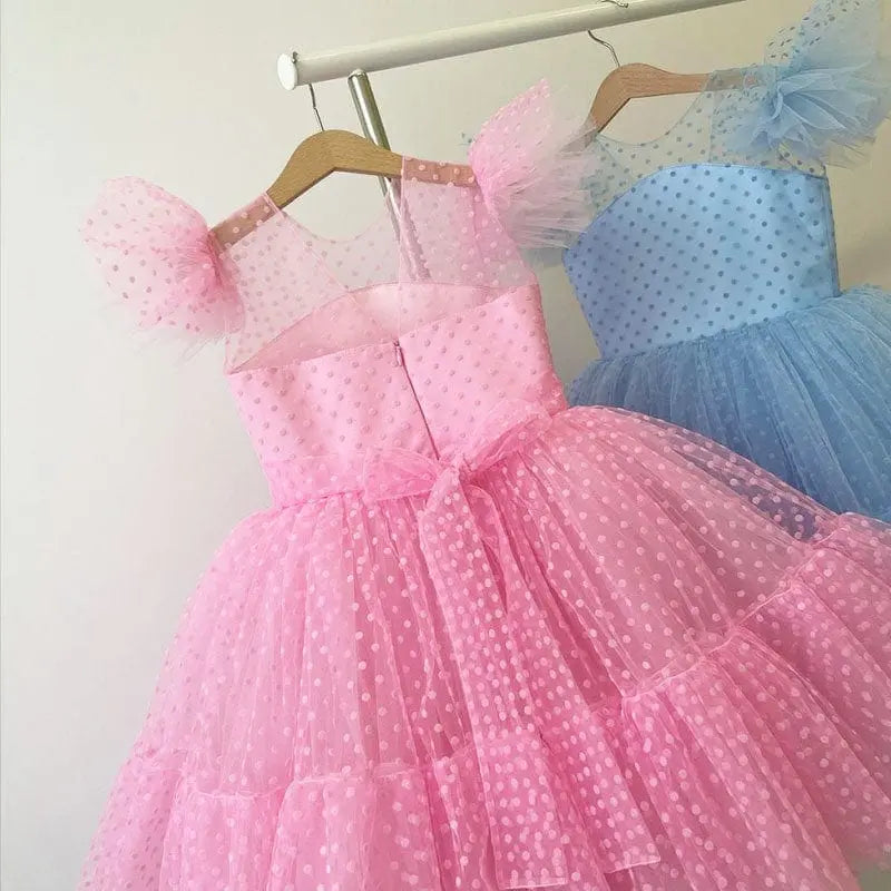 Showlu Fashion Store girls' polka dot princess dress with lace tutu for summer, perfect for birthdays, weddings, or special occasions.