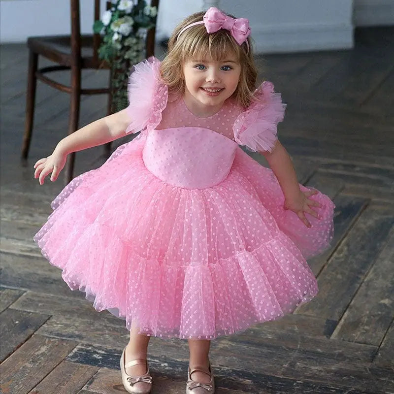 Showlu Fashion Girls polka dot princess dress with lace tutu for summer, perfect for birthdays, weddings, and special occasions.
