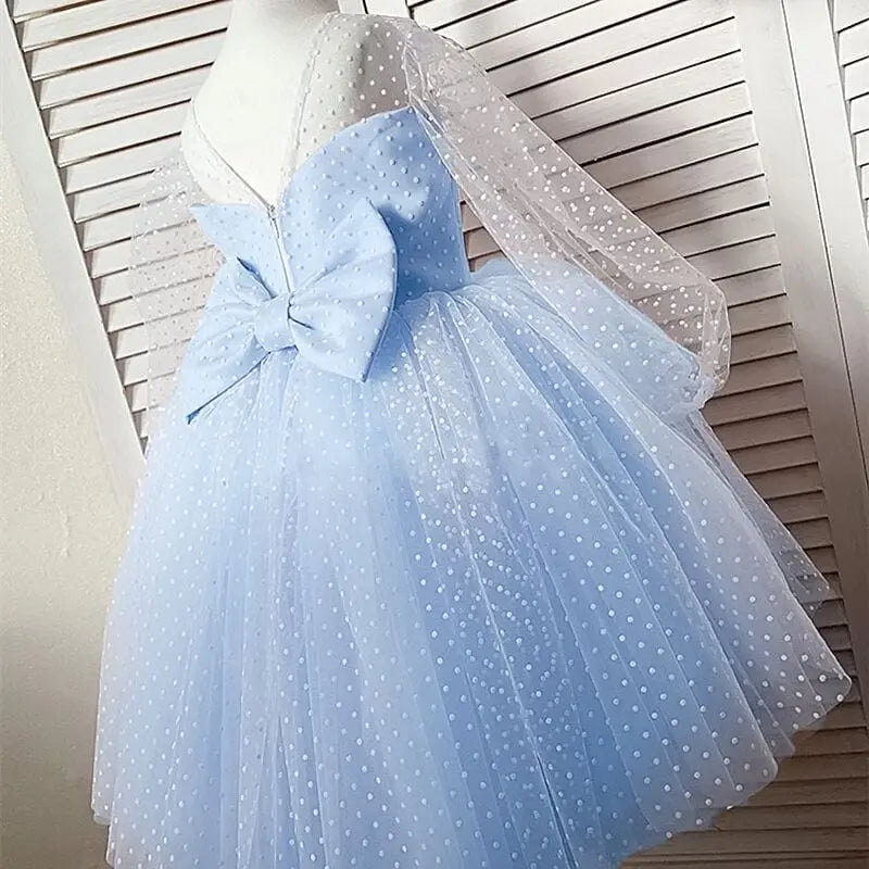 Showlu Fashion Girls polka dot princess dress with lace tutu, perfect for summer, birthdays, or weddings, featuring a fluffy, floral design.