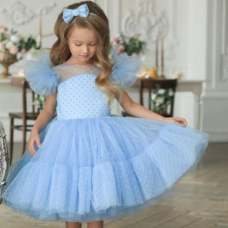 Girls polka dot princess dress with lace tutu, perfect for summer parties, weddings, and special occasions, by Showlu Fashion Store.
