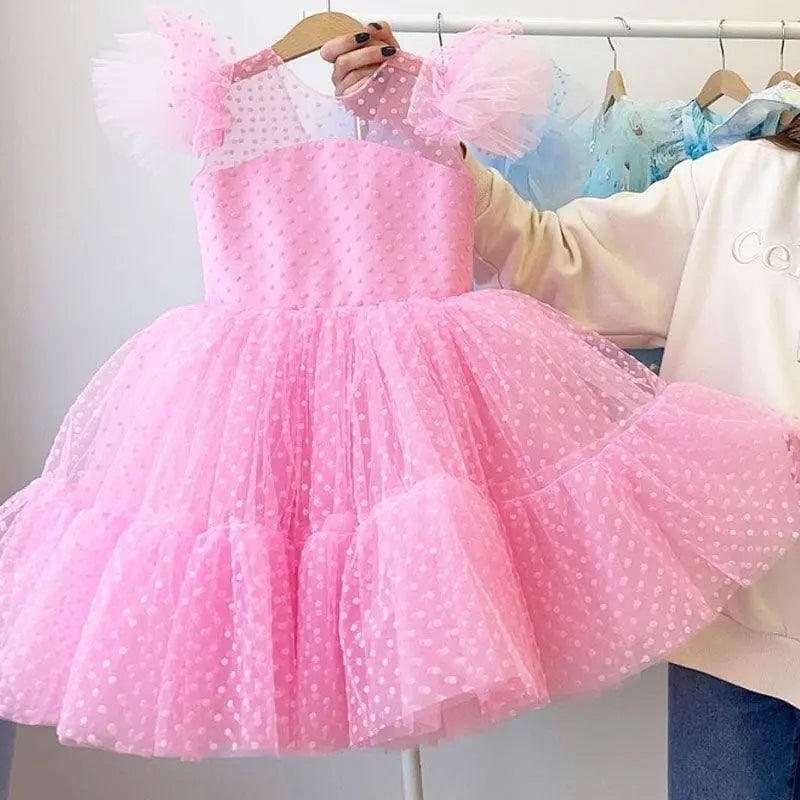 Girls polka dot princess dress by Showlu Fashion Store featuring lace, tutu, floral accents, perfect for summer, birthdays, or weddings.