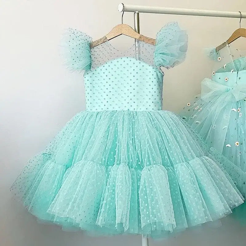 Showlu Fashion Store girls' polka dot princess dress with lace tutu, perfect for summer parties, weddings, and special occasions.