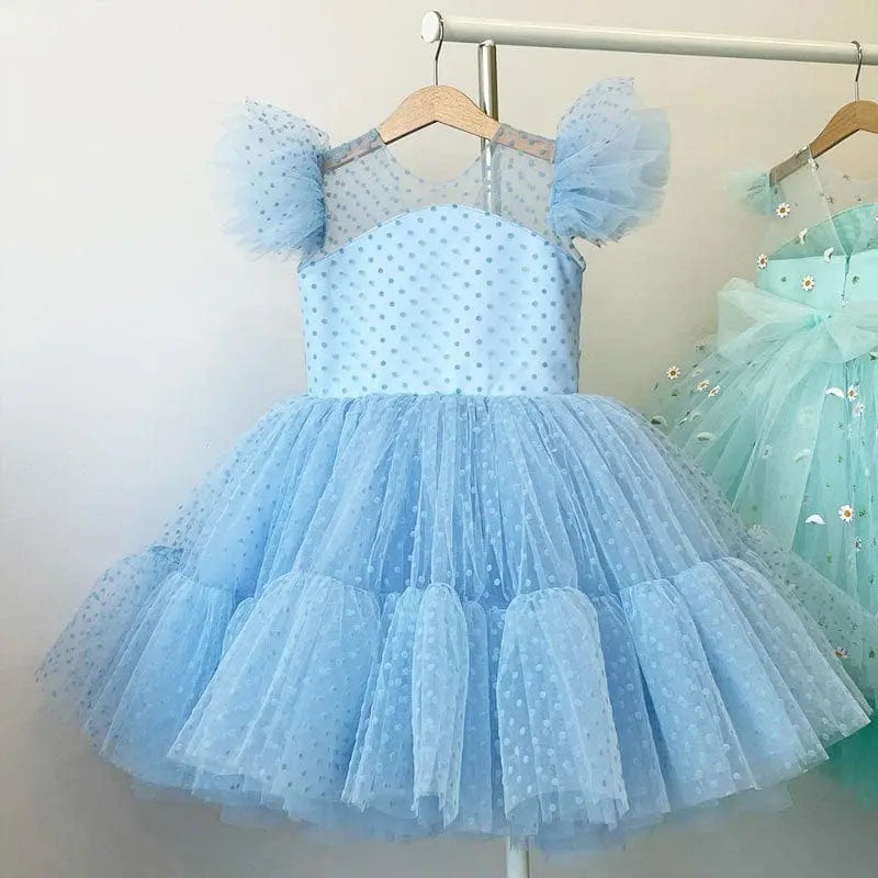 Showlu Fashion Store girls polka dot princess dress featuring a summer lace tutu, perfect for birthdays, weddings, and special occasions.