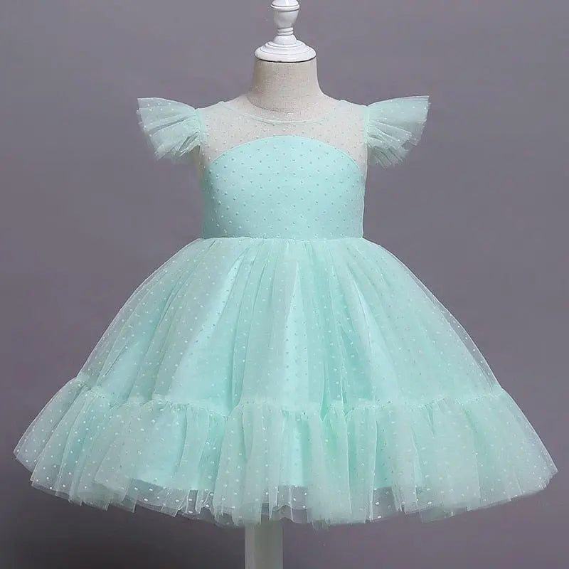 Girls polka dot princess dress by Showlu Fashion Store, summer lace tutu gown with floral accents, perfect for weddings and parties.