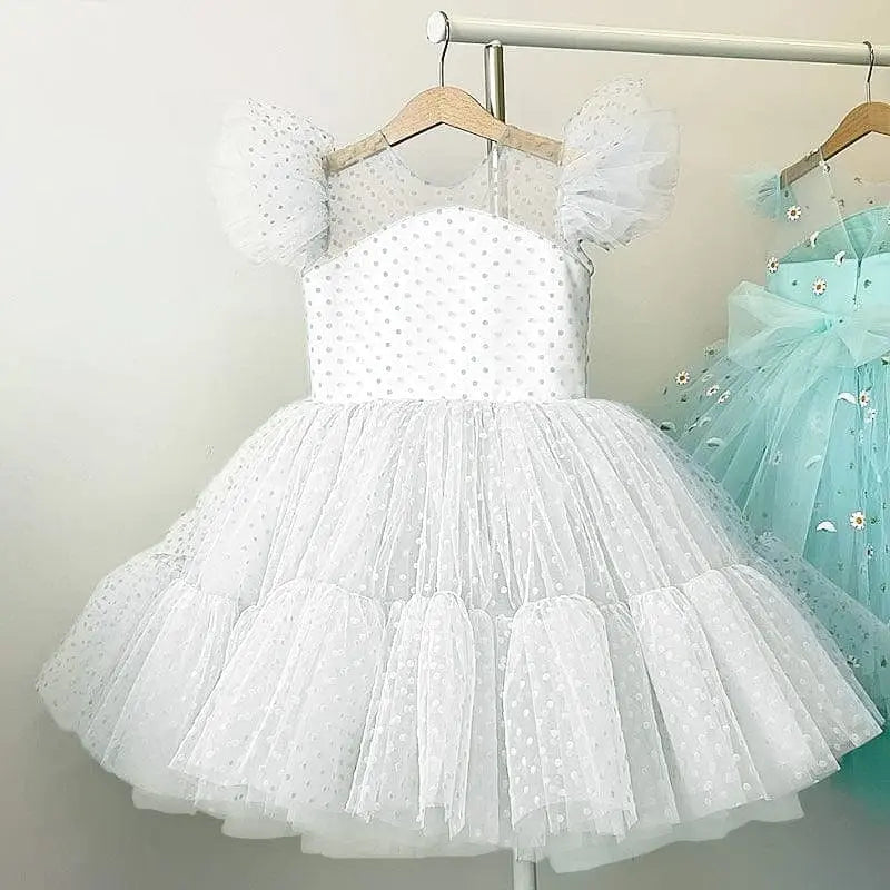 Girls polka dot princess dress by Showlu Fashion Store, a summer lace tutu wedding gown with floral accents and a fluffy tulle skirt.