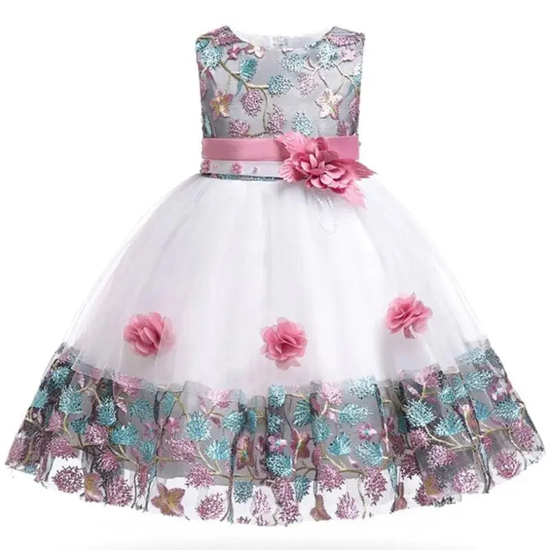 Girls' floral embroidery princess party dress by Showlu Fashion Store, perfect for ages 3 to 8, with colorful flower details.