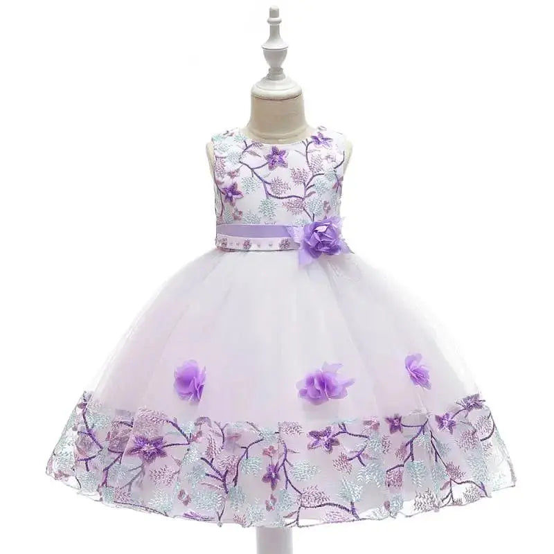 Girls floral embroidery princess party dress by Miqiaikids, suitable for ages 3 to 8, featuring colorful flower details for special occasions.