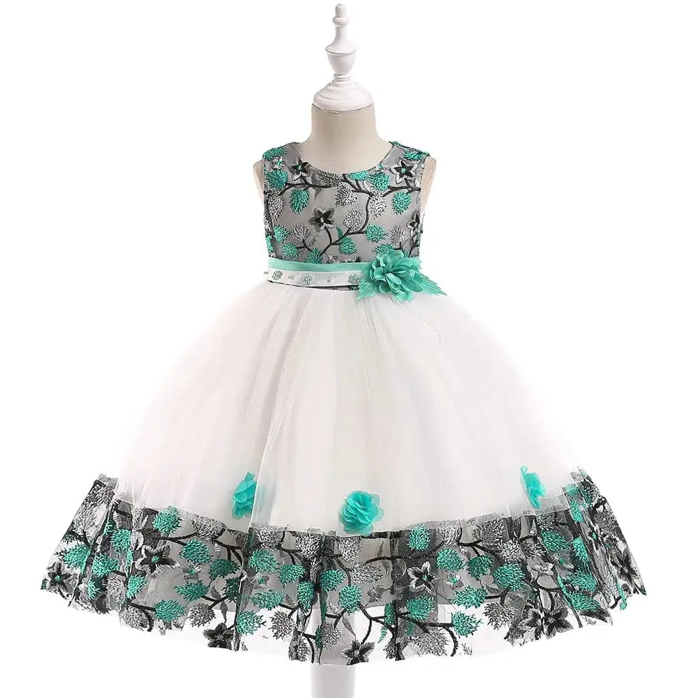 Girls floral embroidery princess party dress by Miqiaikids, perfect for ages 3-8, featuring colorful flower details and a princess style.