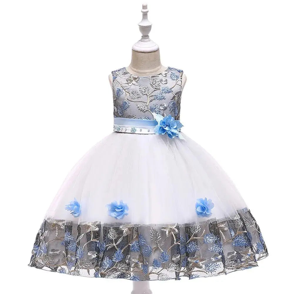 Girls floral embroidery princess dress by Showlu Fashion for ages 3-8, featuring colorful flower details and a festive party style.