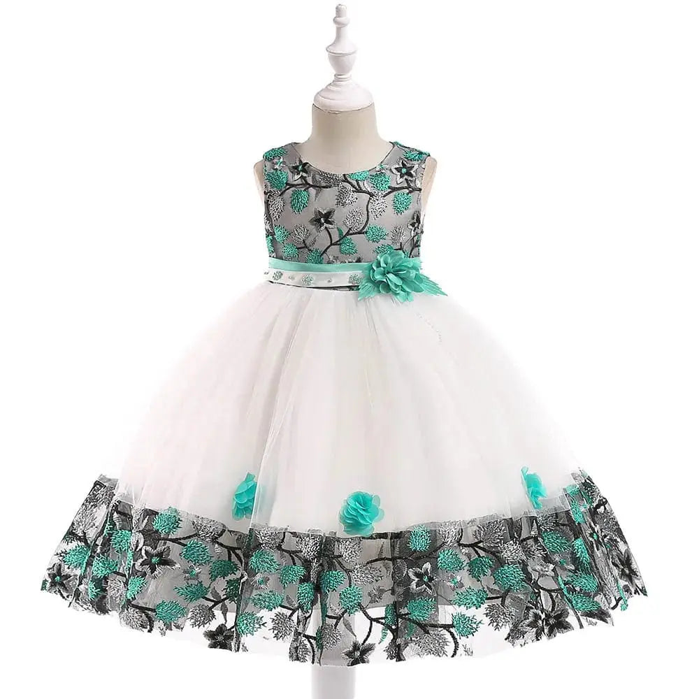 Girls' floral embroidery princess party dress by Showlu Fashion for ages 3-8, perfect for summer birthdays and special occasions.